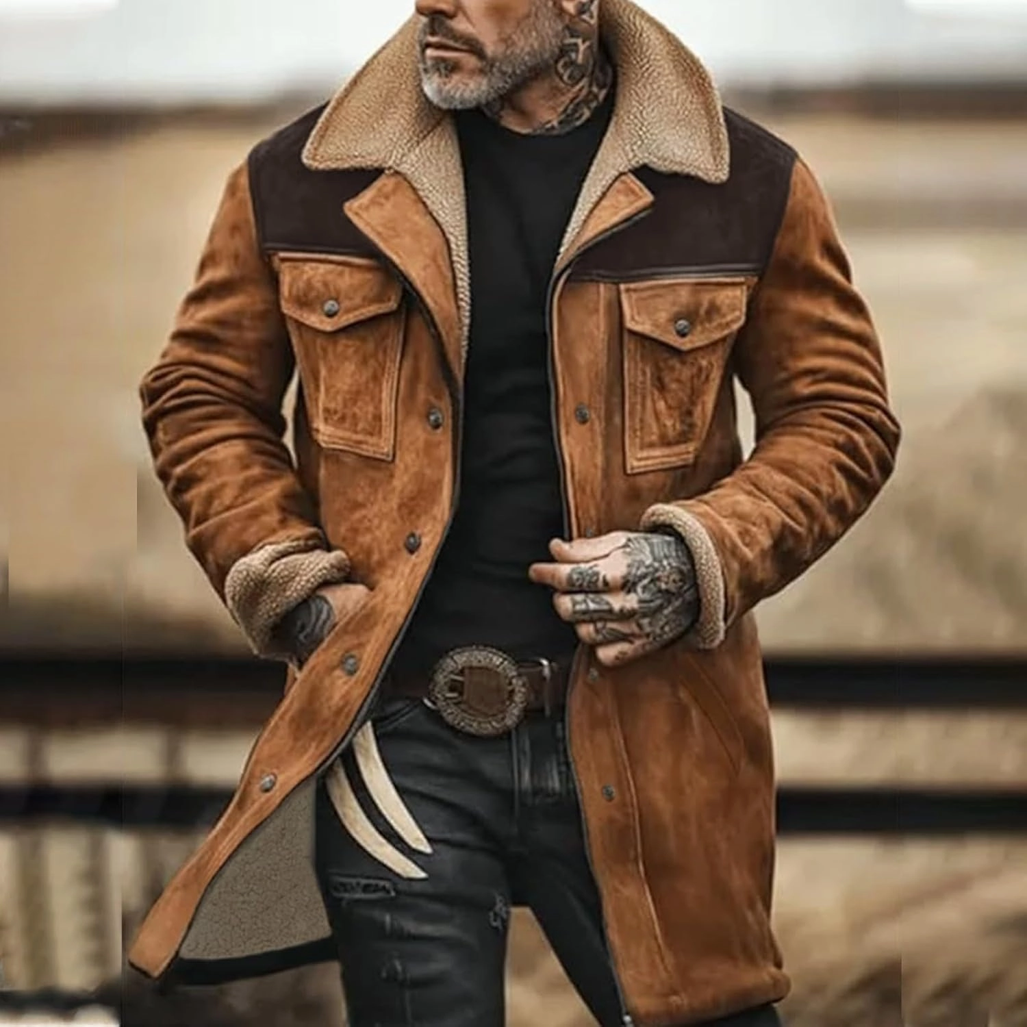 Men's Vintage Suede Jacket Plush Collar Coats Faux Leather Jacket Men Zip Up Motorcycle Jacket Coats Retro Tops