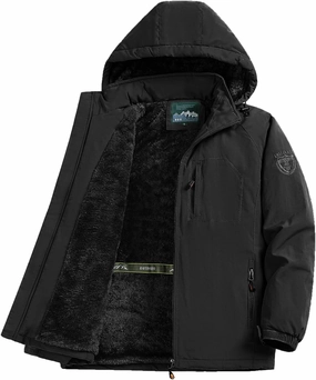 Men's Winter Waterproof Hooded Jacket, Warm Fleece-Lined Windbreaker, Insulated Outdoor Coat