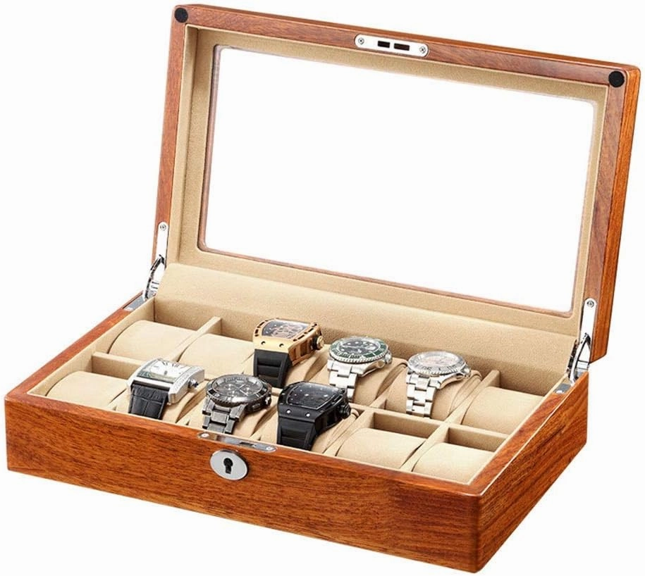 Mens Jewellery Box Watch Storage Box Rosewood Watch Boxes Watch Storage Box 6/12 grids with Lock compartments Transparent Window Jewellery Display Box Watch Display Storage Box Vision Watch Gift Box