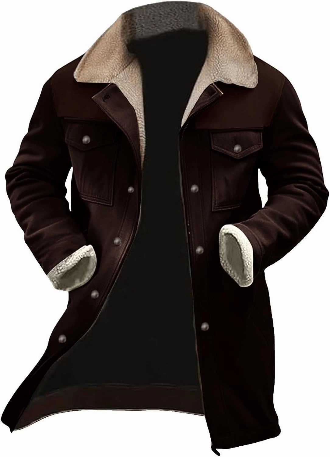 Mens Western Cowboy Vintage Suede Jacket Plush Collar Coats Faux Leather Winter Long Jackets Men Zip Up Casual Retro Tops