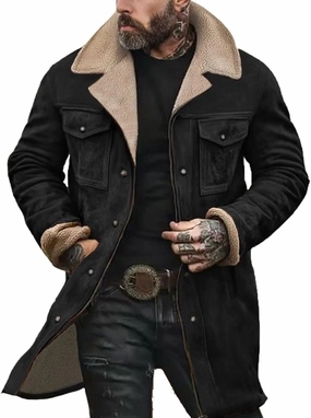 Mens Western Cowboy Vintage Suede Jacket Plush Collar Coats Faux Leather Winter Long Jackets Men Zip Up Casual Retro Tops