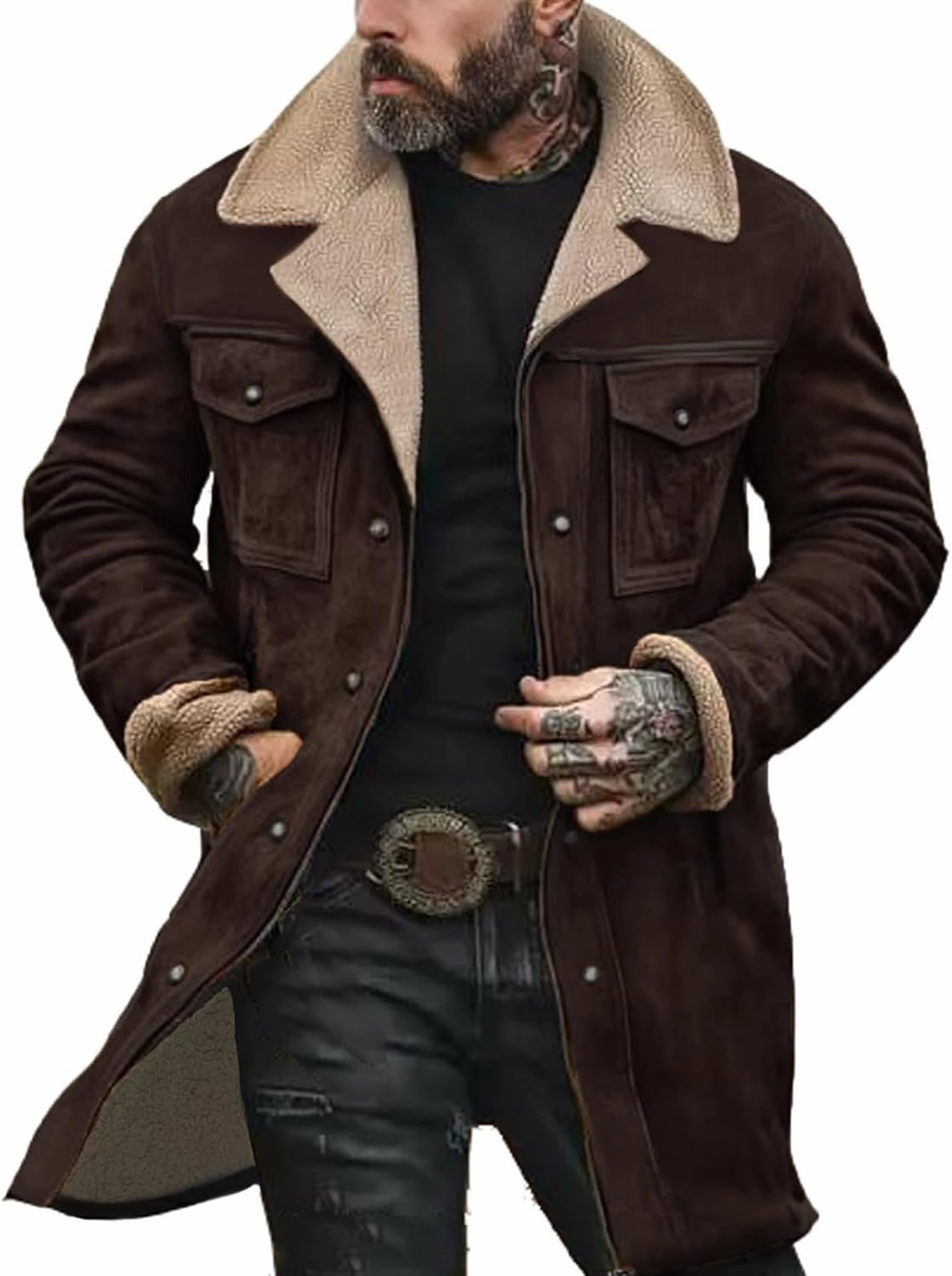 Mens Western Cowboy Vintage Suede Jacket Plush Collar Coats Faux Leather Winter Long Jackets Men Zip Up Casual Retro Tops