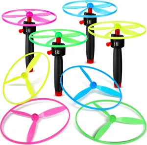Meooeck Disk Helicopter Toy Disco Flyers Include 12 String Launchers and 24 Flying Saucer Disk Launcher Toy Fly Toys for Outdoor Activity Little Teens Birthday Party Favors(36 Pcs)