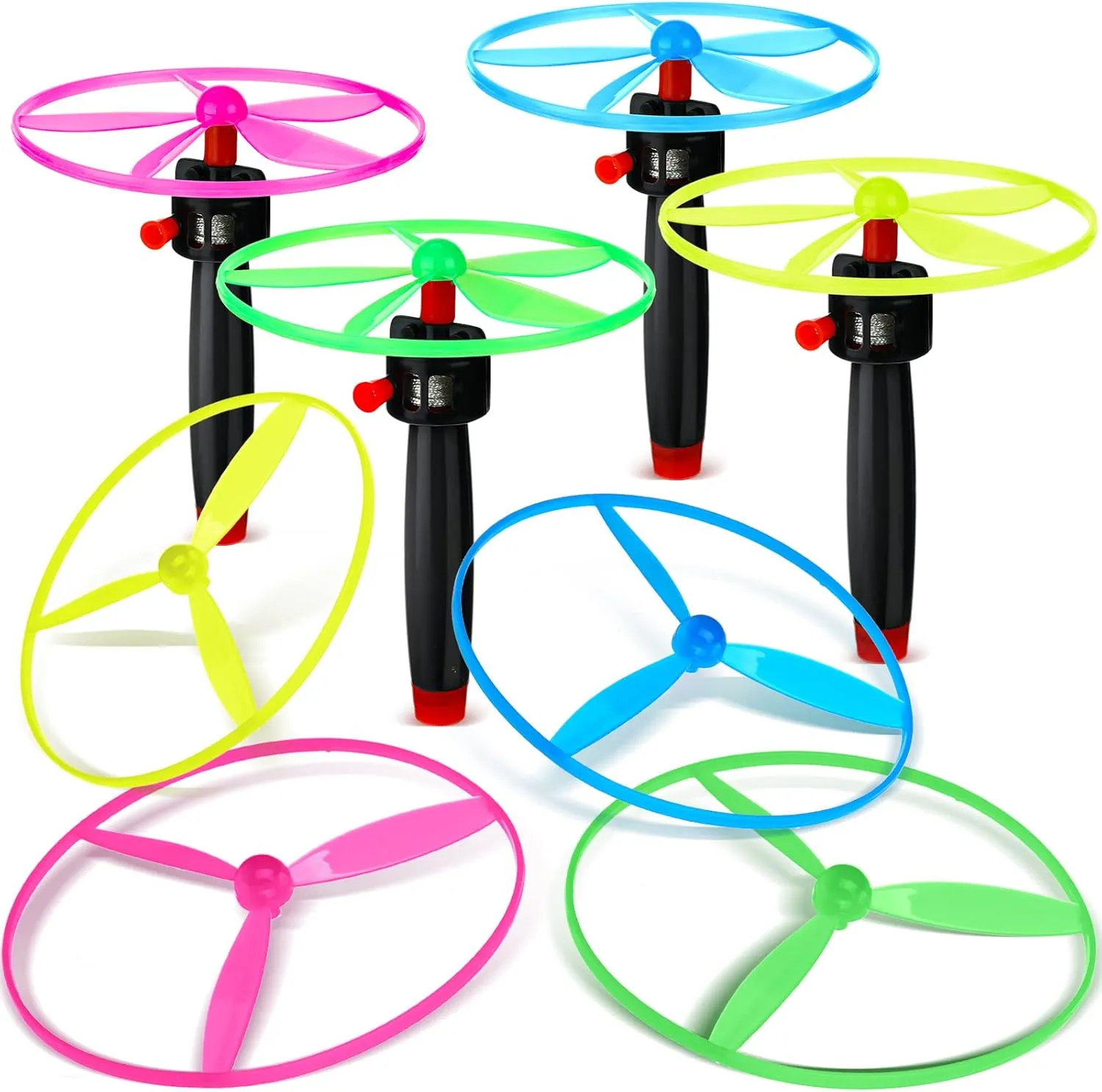 Meooeck Disk Helicopter Toy Disco Flyers Include 12 String Launchers and 24 Flying Saucer Disk Launcher Toy Fly Toys for Outdoor Activity Little Teens Birthday Party Favors(36 Pcs)