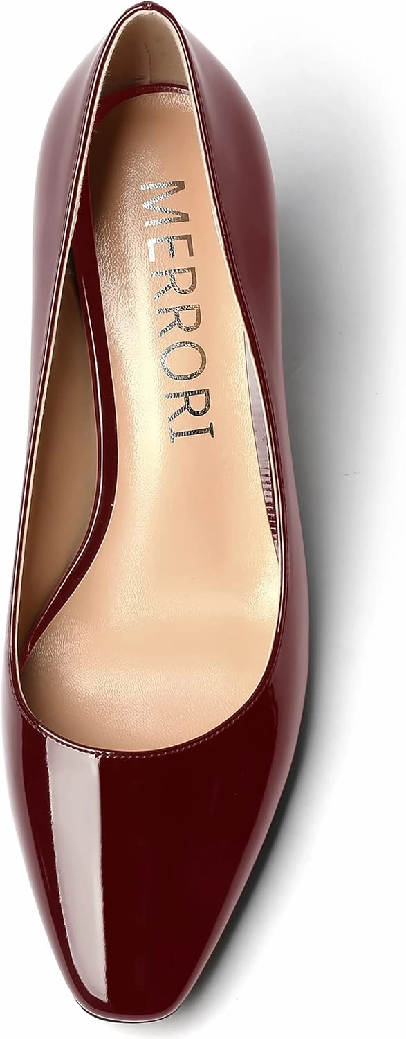 MERRORI Women's Patent Square Toe Slip On Solid Stiletto Mid Heel Pumps Shoes 2.5 Inch