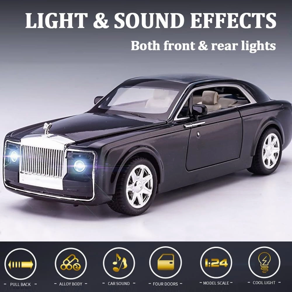 Metal Toy Cars of Rolls-Royce Sweptail, 1:24 Scale Rolls-Royce Model Diecast Cars with Door/Sound/Light/Pull Back, Rolls Royce Car Toy Gift for Christmas Birthday (1:24 Rolls Royce Sweptail-Black)
