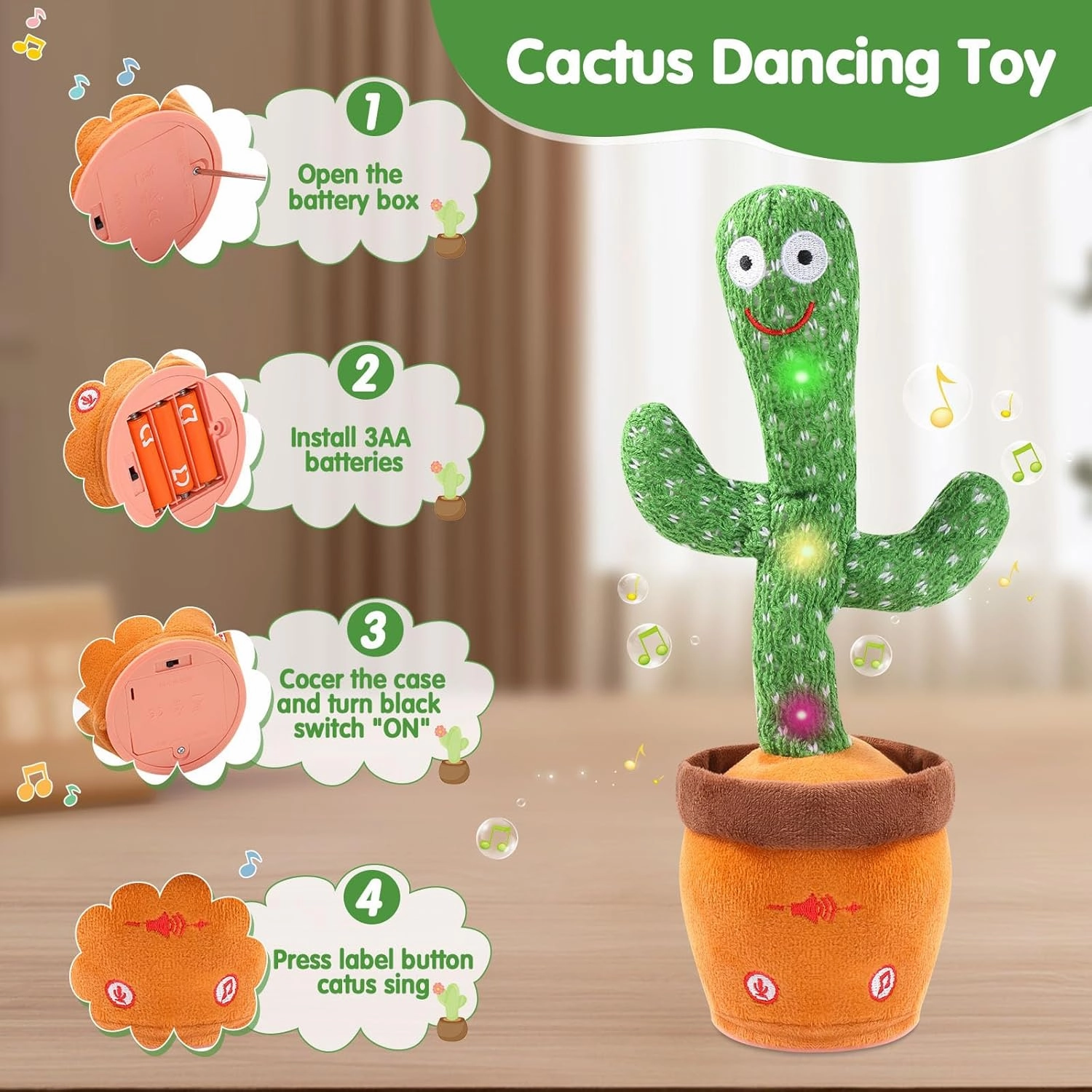 MIAODAM Dancing Talking Cactus Toy for Baby Toddler, Colorful Glowing Repeating What You Say, Singing Talking Toy 120 Pcs Songs for Baby Dancing Cactus Mimicking Toys