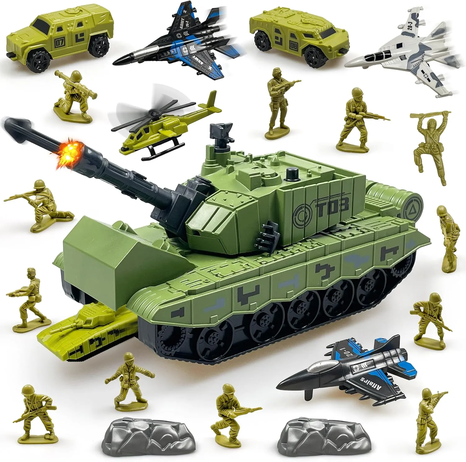 Military Tank Toy Playset, Army Tank Toys with 12 Pcs Army Men, 4 Military Vehicles, 3 Pull Back Fighter Yets, Toy Gifts for Toddler Kids Boys Ages 3 4 5 6 Years Old