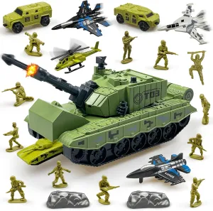 Military Tank Toy Playset, Army Tank Toys with 12 Pcs Army Men, 4 Military Vehicles, 3 Pull Back Fighter Yets, Toy Gifts for Toddler Kids Boys Ages 3 4 5 6 Years Old