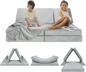 Milliard Kids 7pcs Modular Sectional Sofa - Foam Play Couch - Soft Washable Grey Velour, Includes Bonus Blanket - Toddler Couch, Perfect for Playroom and Bedroom - 52x30x20in