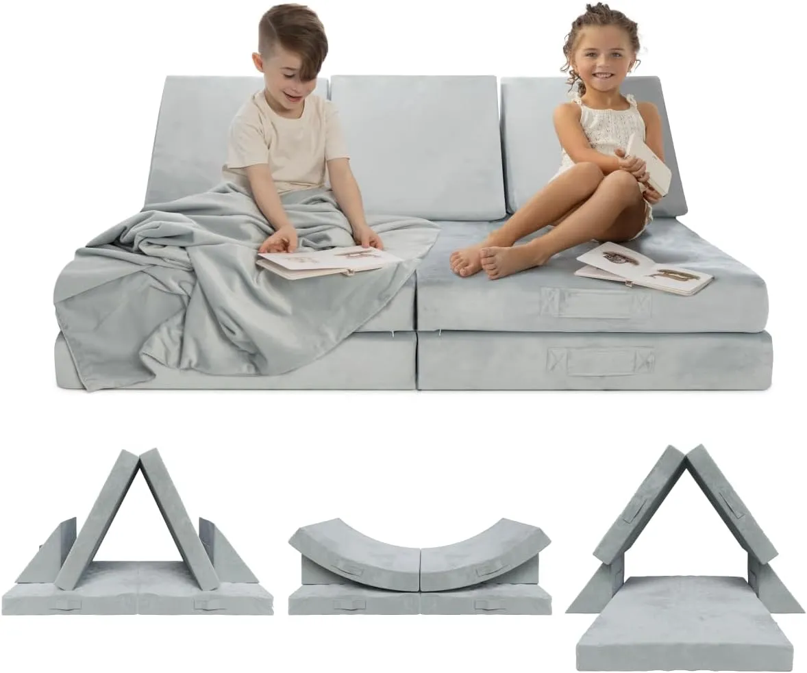 Milliard Kids 7pcs Modular Sectional Sofa - Foam Play Couch - Soft Washable Grey Velour, Includes Bonus Blanket - Toddler Couch, Perfect for Playroom and Bedroom - 52x30x20in