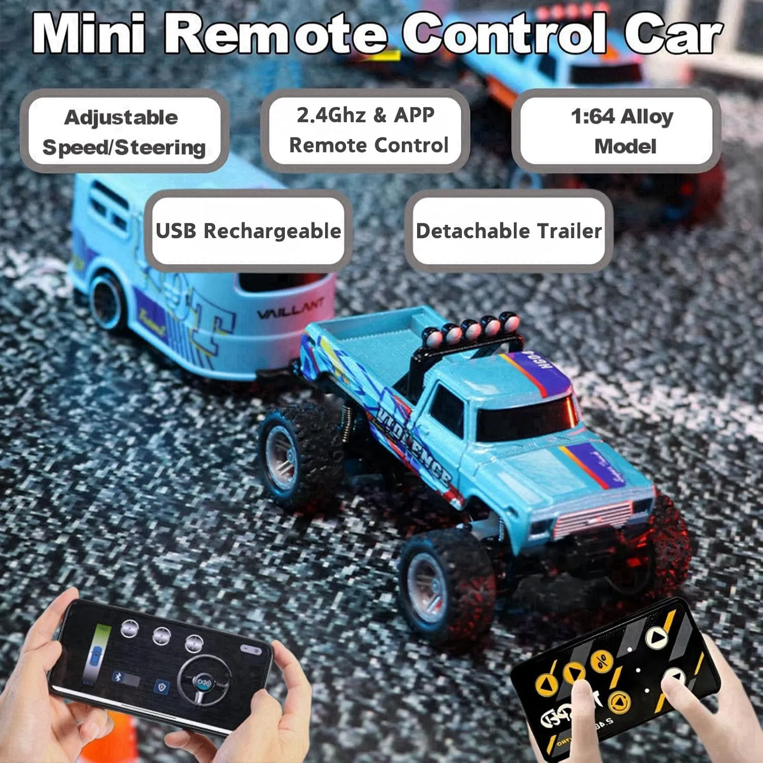 Mini RC Car, 1/64 Scale Mini Remote Control Monster Truck with Trailer, 2.4Ghz & APP Remote Control, Rechargeable Alloy Shell Mini RC Cars with Lights, Speed/Steering Adjustable (Blue-b)