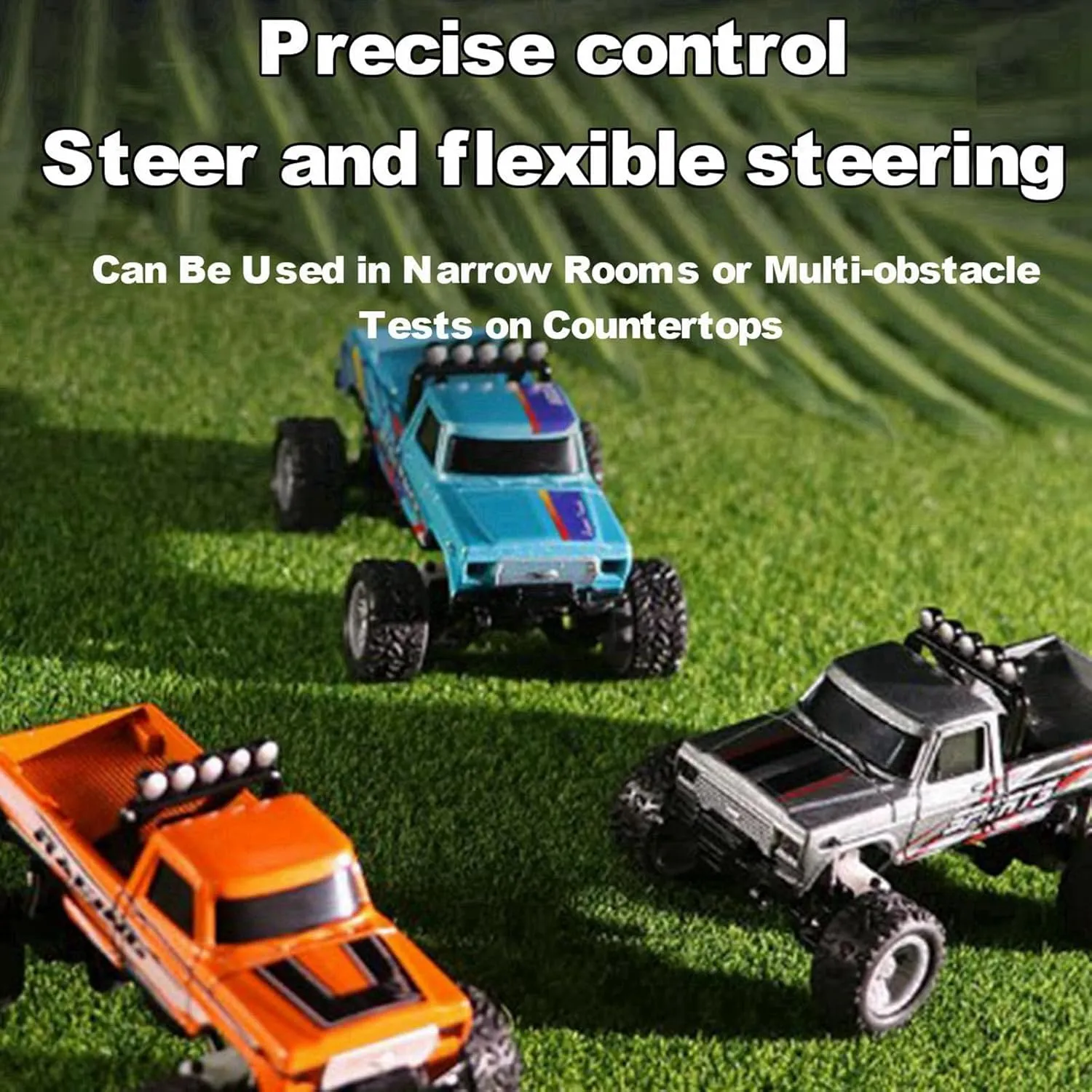 Mini RC Car, 1/64 Scale Mini Remote Control Monster Truck with Trailer, 2.4Ghz & APP Remote Control, Rechargeable Alloy Shell Mini RC Cars with Lights, Speed/Steering Adjustable (Blue-b)