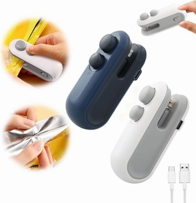 Mini Bag Sealer, 2024 New 2 in 1 USB Rechargeable Chip Bag Sealer Heat Seal Tool, Portable Handheld Vacuum Food Sealer Bag Sealing Machine for Snacks and Vegetable Fresh Storage (White Blue)
