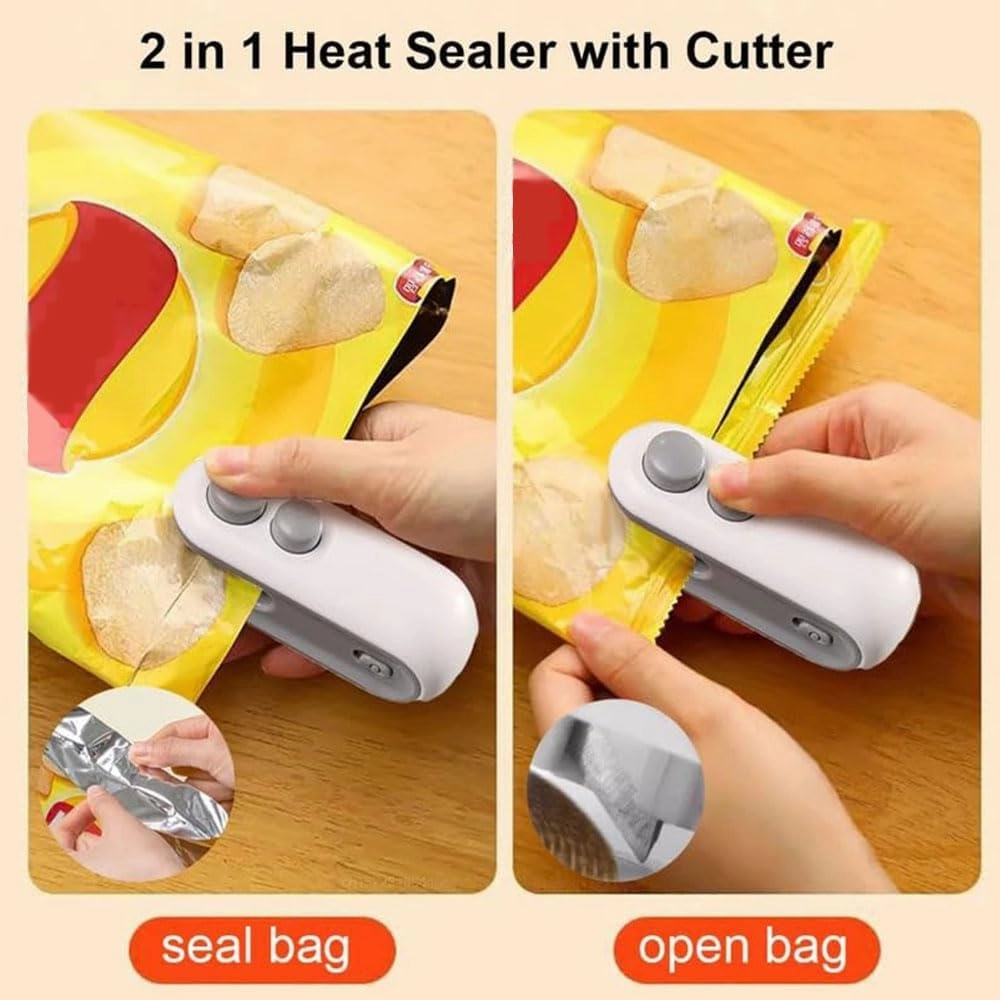 Mini Bag Sealer, 2024 New 2 in 1 USB Rechargeable Chip Bag Sealer Heat Seal Tool, Portable Handheld Vacuum Food Sealer Bag Sealing Machine for Snacks and Vegetable Fresh Storage (White Blue)