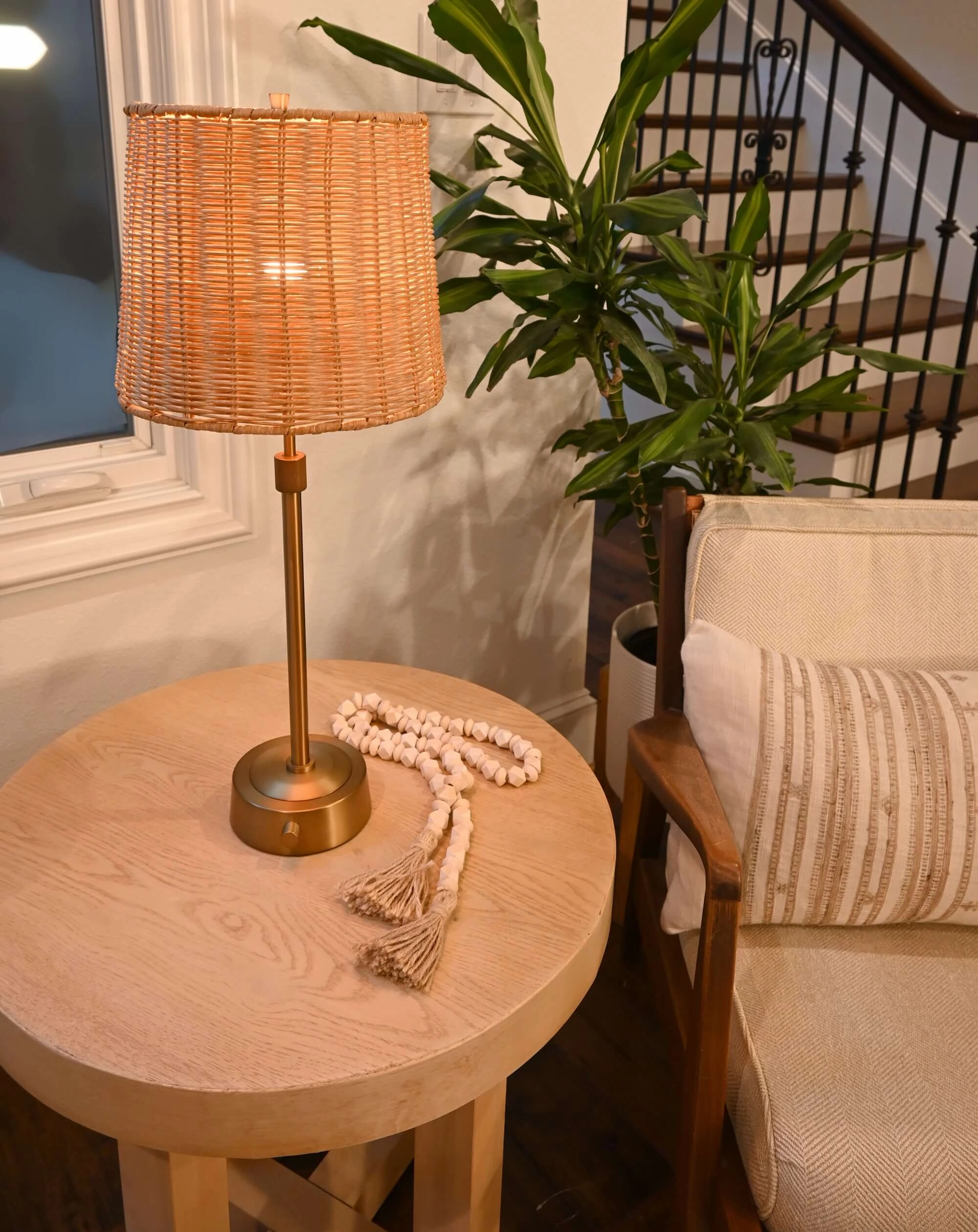 Mini Cordless Buffet Lamp - Antique Brass - Rattan Shade