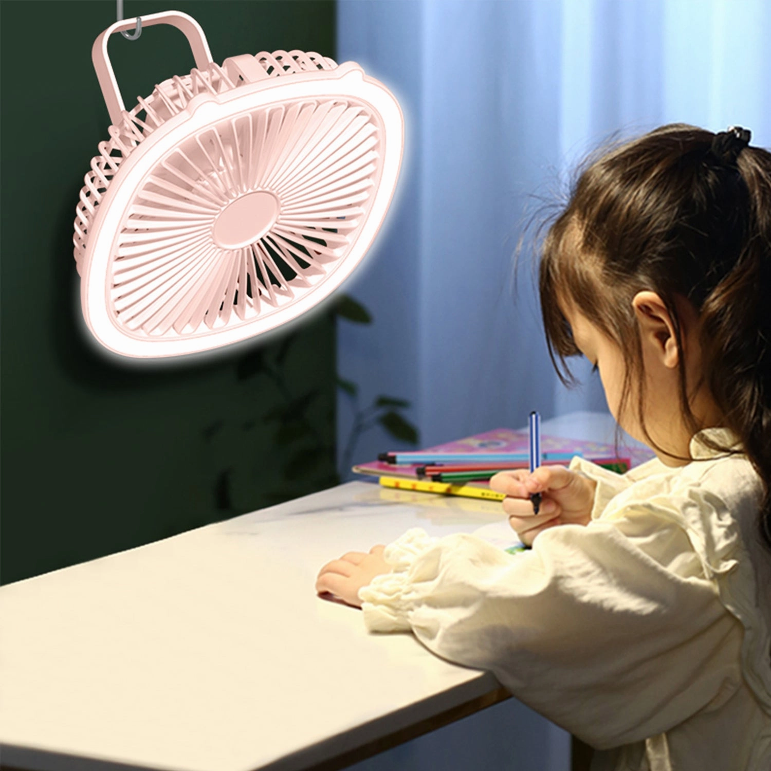Mini Desk Portable Fan with Lighting 3 Speeds Small Air Circulator Fan - Pink