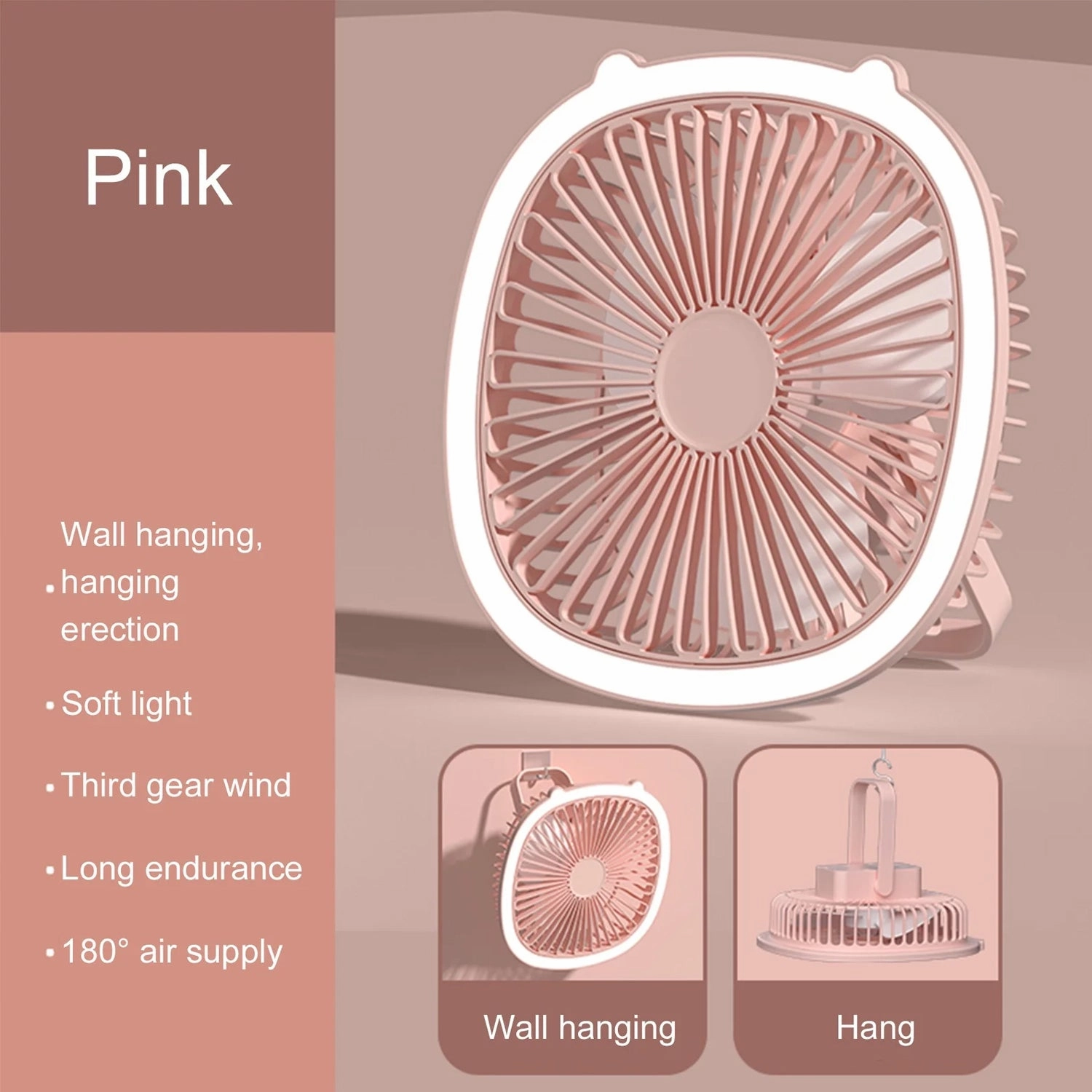 Mini Desk Portable Fan with Lighting 3 Speeds Small Air Circulator Fan - Pink