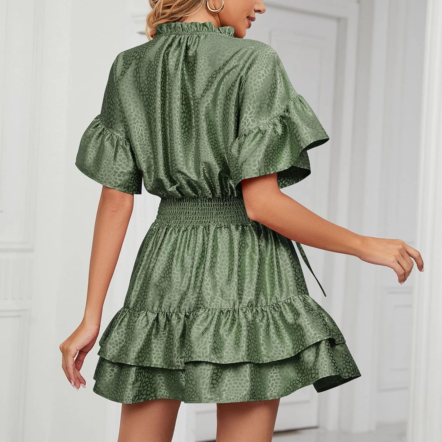 Mini Dresses for Women 2024, Satin Jacquard Ruffle Hem Elastic Waist Solid Dress, V-Neck Flowy Comfy Outdoor Dresses