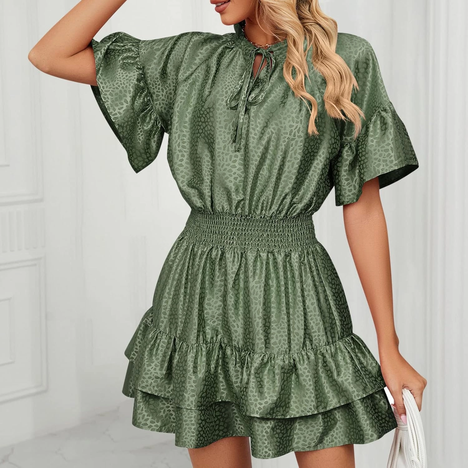 Mini Dresses for Women 2024, Satin Jacquard Ruffle Hem Elastic Waist Solid Dress, V-Neck Flowy Comfy Outdoor Dresses