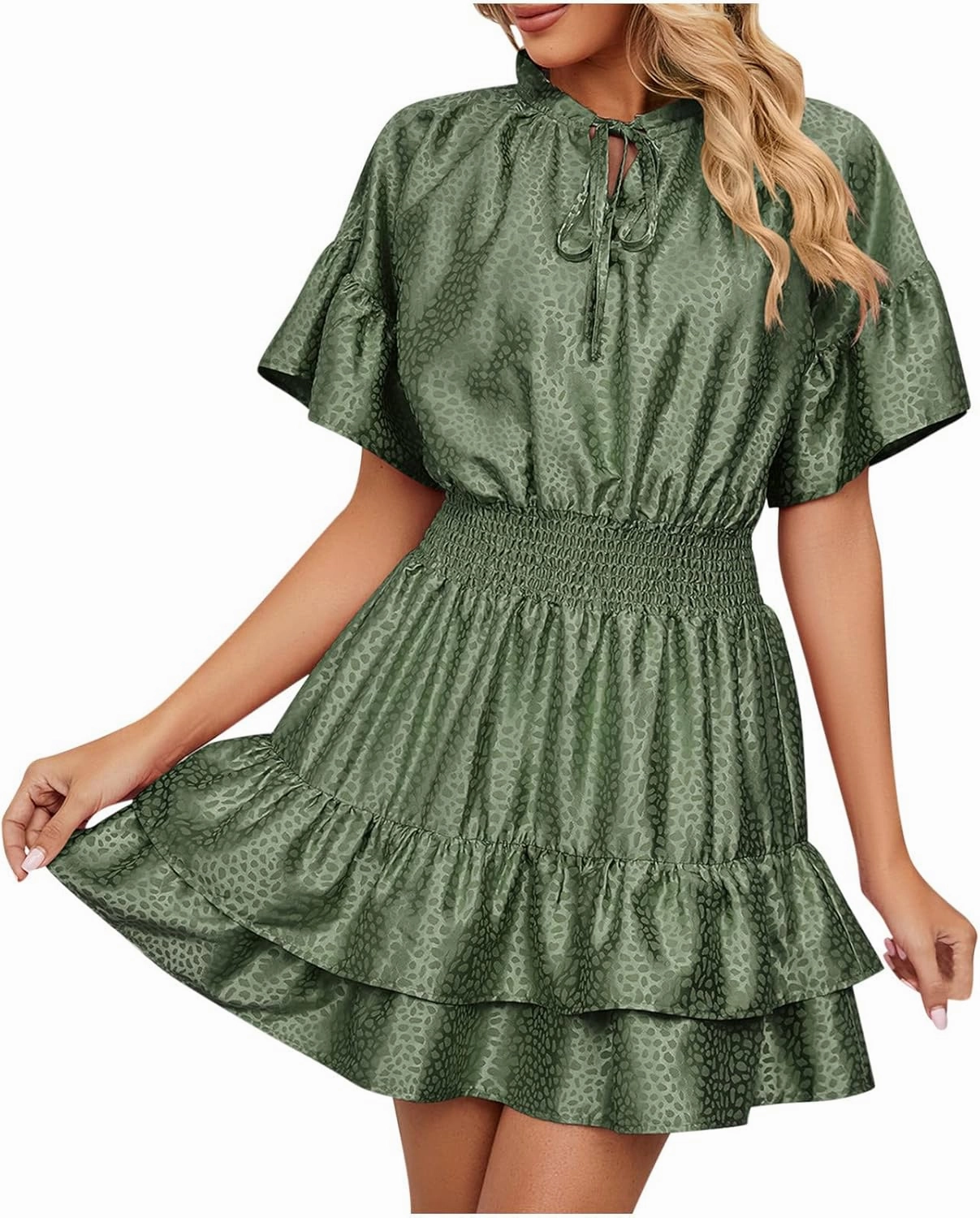 Mini Dresses for Women 2024, Satin Jacquard Ruffle Hem Elastic Waist Solid Dress, V-Neck Flowy Comfy Outdoor Dresses