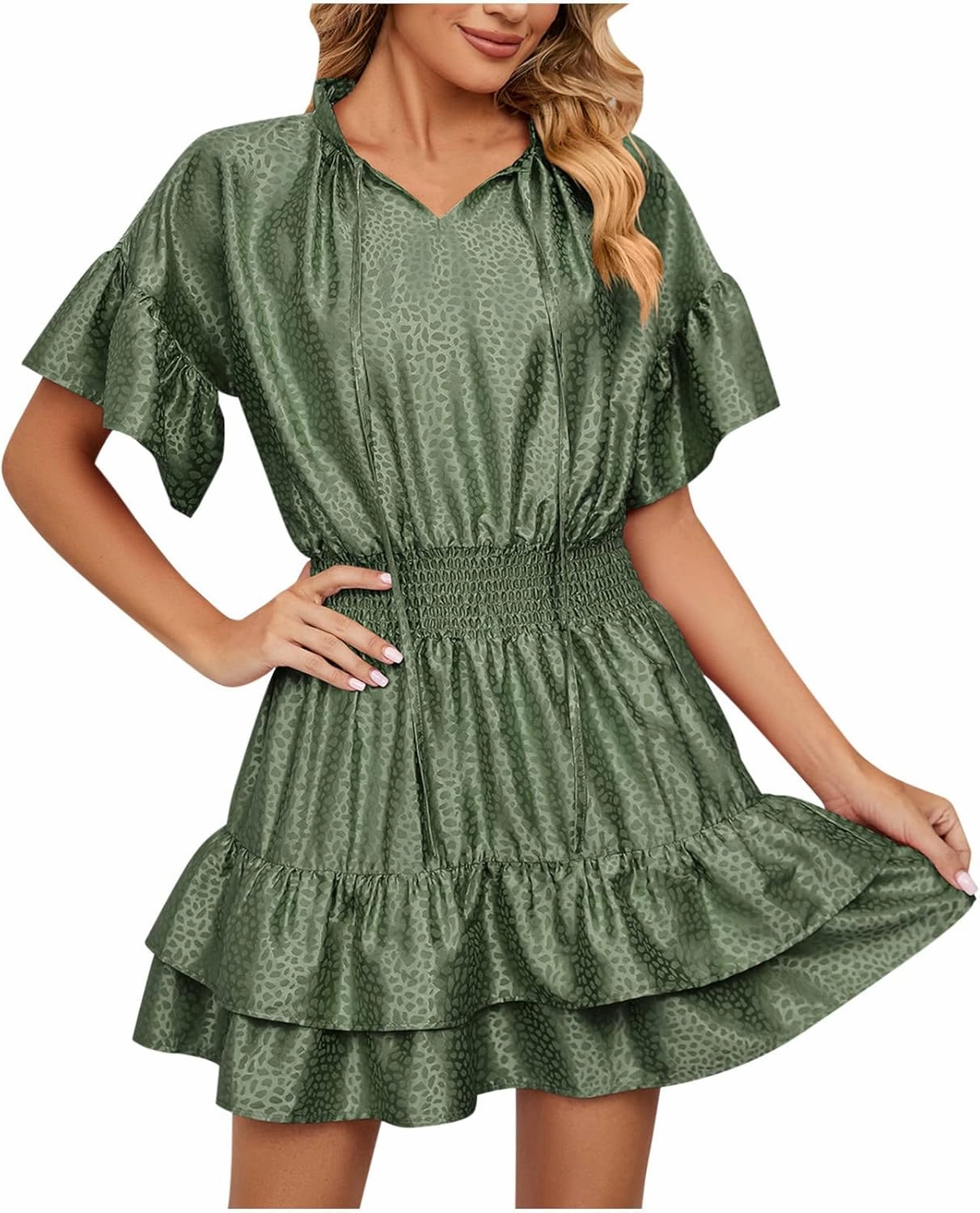 Mini Dresses for Women 2024, Satin Jacquard Ruffle Hem Elastic Waist Solid Dress, V-Neck Flowy Comfy Outdoor Dresses