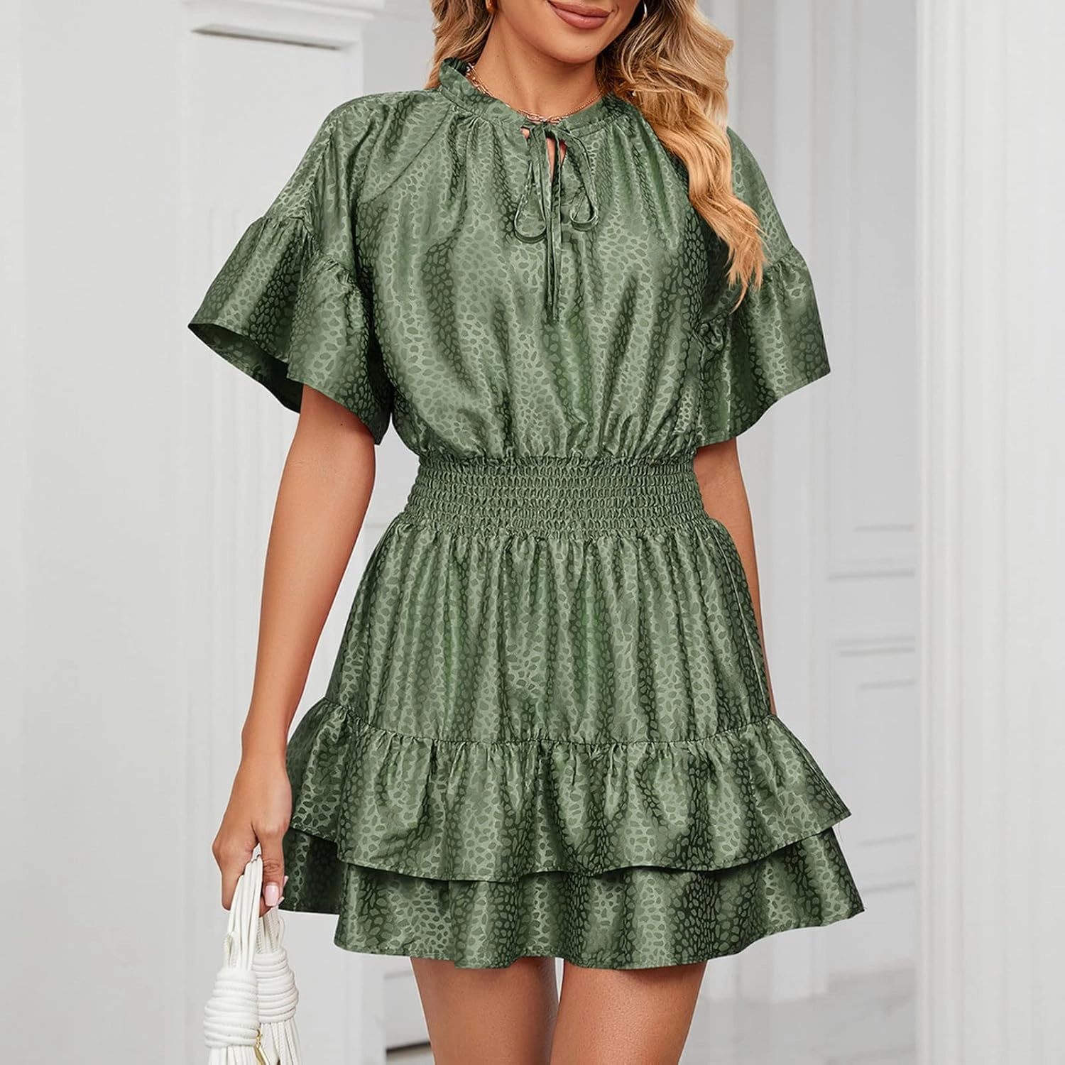 Mini Dresses for Women 2024, Satin Jacquard Ruffle Hem Elastic Waist Solid Dress, V-Neck Flowy Comfy Outdoor Dresses