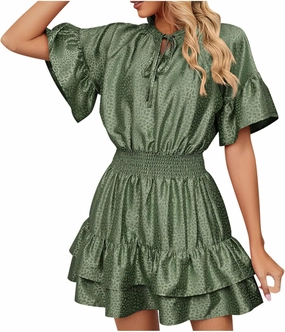 Mini Dresses for Women 2024, Satin Jacquard Ruffle Hem Elastic Waist Solid Dress, V-Neck Flowy Comfy Outdoor Dresses