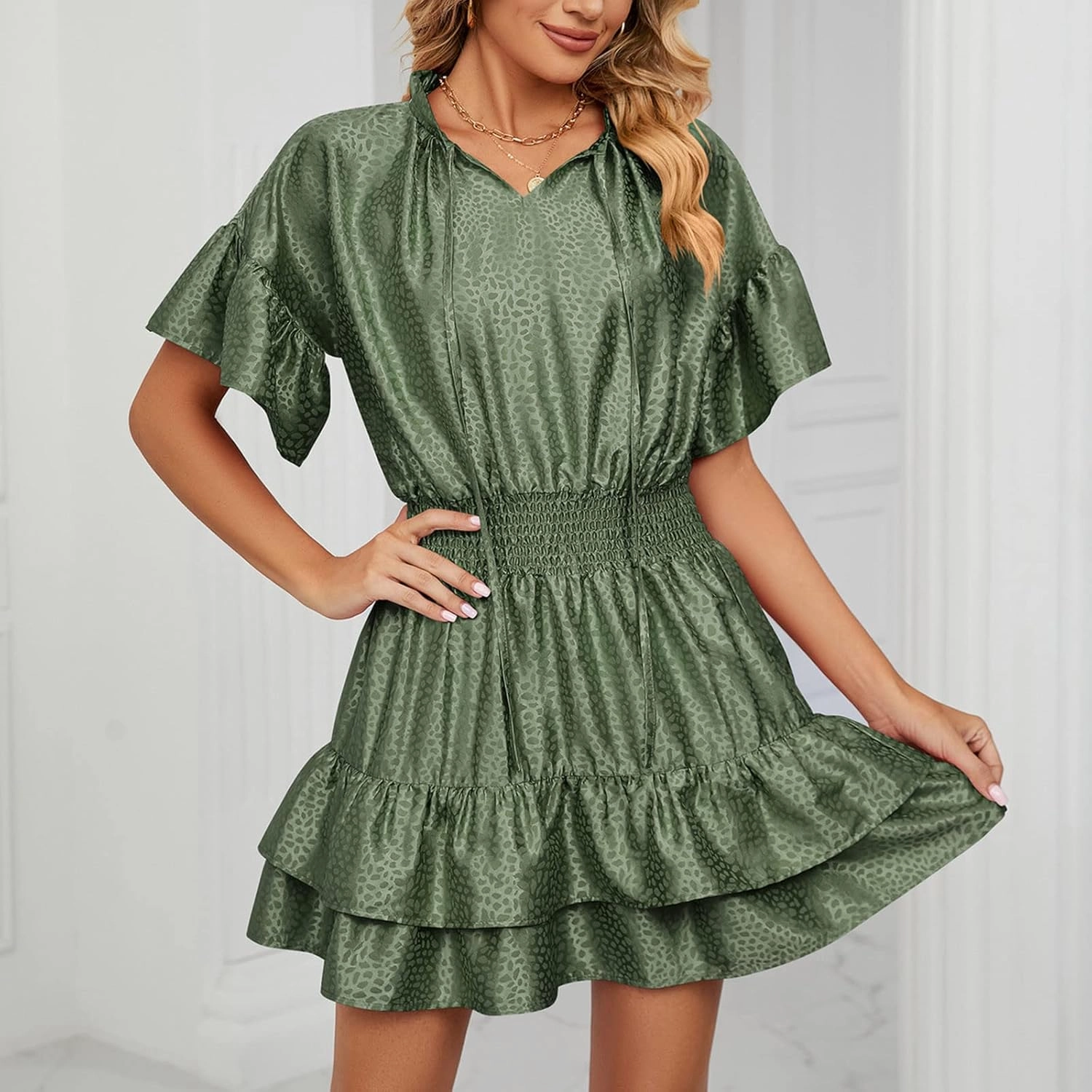 Mini Dresses for Women 2024, Satin Jacquard Ruffle Hem Elastic Waist Solid Dress, V-Neck Flowy Comfy Outdoor Dresses