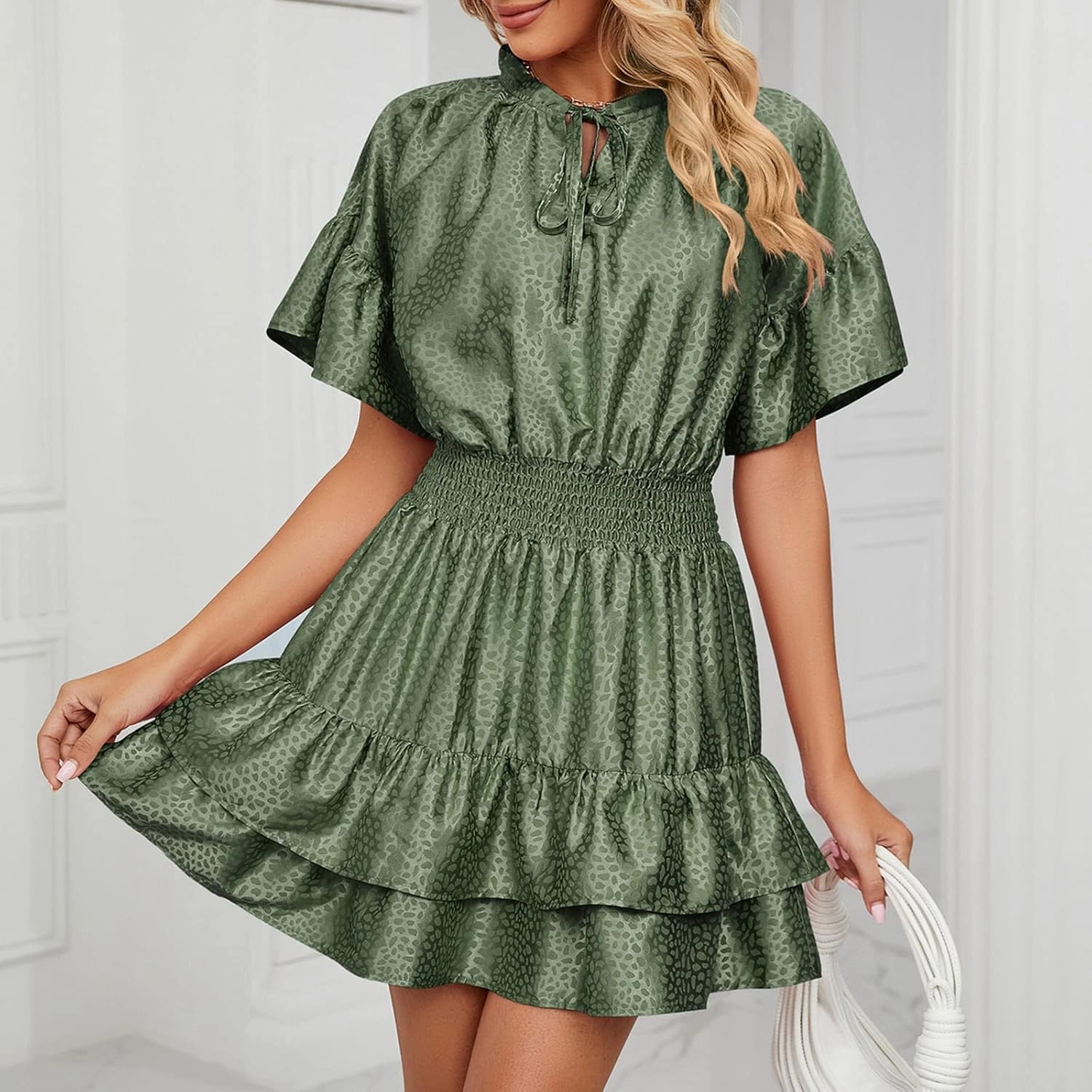 Mini Dresses for Women 2024, Satin Jacquard Ruffle Hem Elastic Waist Solid Dress, V-Neck Flowy Comfy Outdoor Dresses