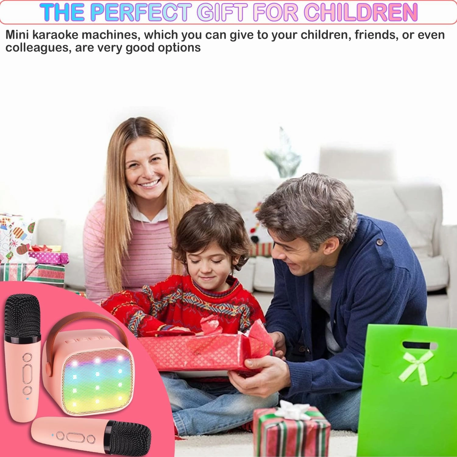 Mini Karaoke Machine for Kids Age 4-12, Bluetooth Speaker with 2 Wireless Microphone & LED Lights, Christmas Birthday Gifts for Girls Boys Kids Adults