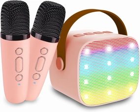 Mini Karaoke Machine for Kids Age 4-12, Bluetooth Speaker with 2 Wireless Microphone & LED Lights, Christmas Birthday Gifts for Girls Boys Kids Adults