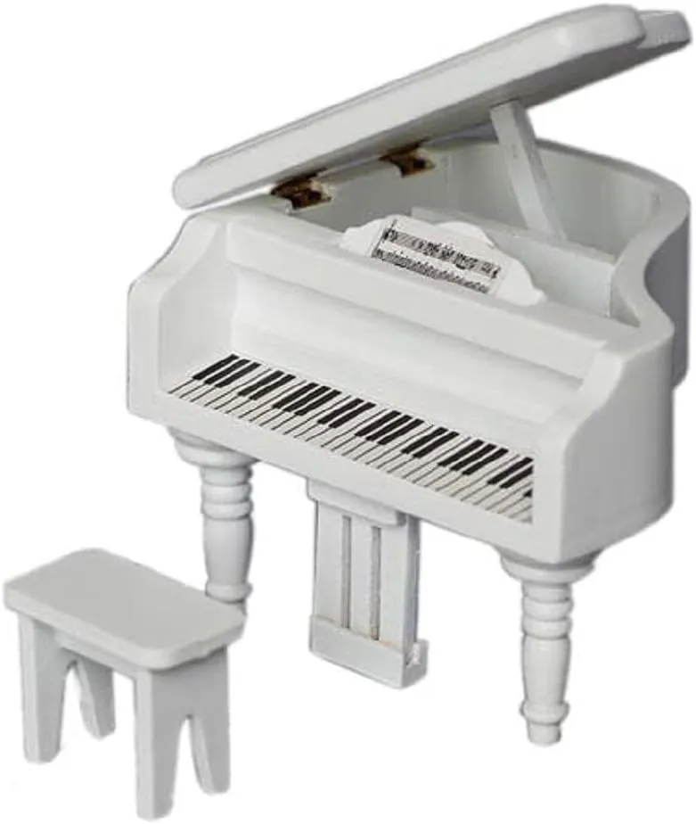 Miniature Piano for Dollhouse Furniture Upright Grand Piano with Stool Instrument 1 12 Ornament Artificial House Scene Accessories Desktop Decoration (White)