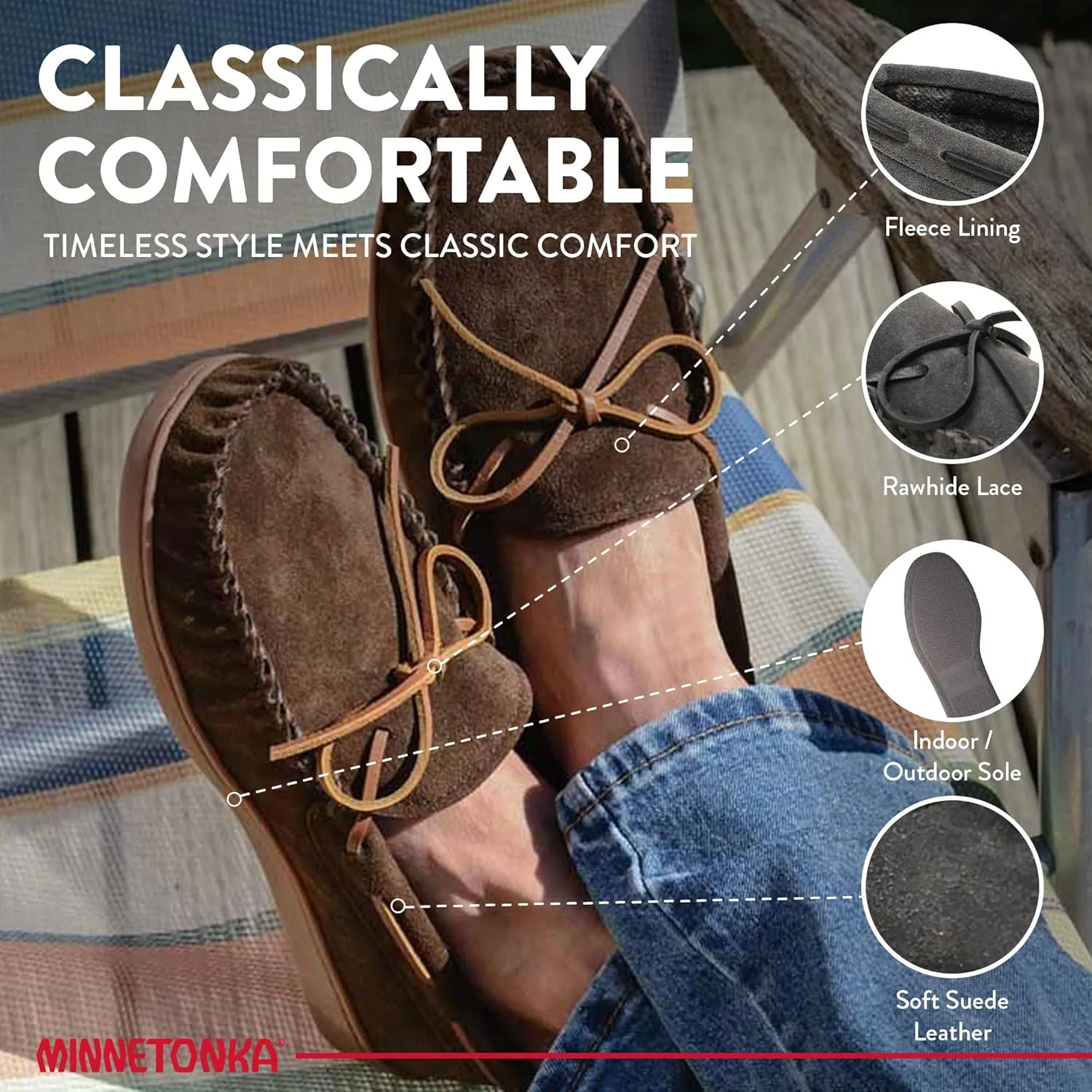 Minnetonka Plaid Lined Hardsole - Moccasin Slippers for Men Made with Suede Upper, Rubber Sole, Plush Interior, Fleece Lining, Rawhide Lace, and Traditional Moccasin Design