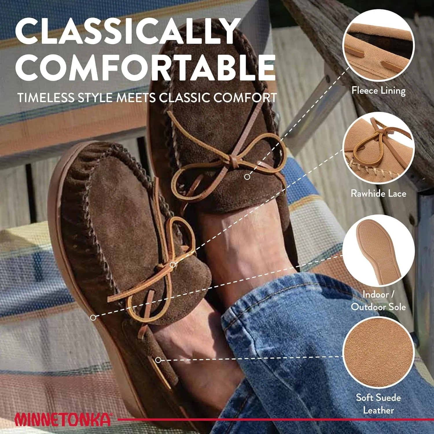 Minnetonka Plaid Lined Hardsole - Moccasin Slippers for Men Made with Suede Upper, Rubber Sole, Plush Interior, Fleece Lining, Rawhide Lace, and Traditional Moccasin Design