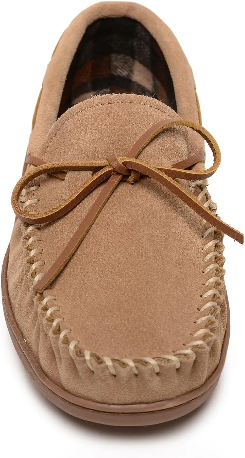 Minnetonka Plaid Lined Hardsole - Moccasin Slippers for Men Made with Suede Upper, Rubber Sole, Plush Interior, Fleece Lining, Rawhide Lace, and Traditional Moccasin Design