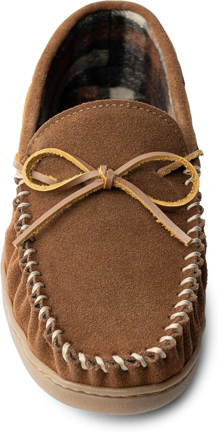 Minnetonka Plaid Lined Hardsole - Moccasin Slippers for Men Made with Suede Upper, Rubber Sole, Plush Interior, Fleece Lining, Rawhide Lace, and Traditional Moccasin Design