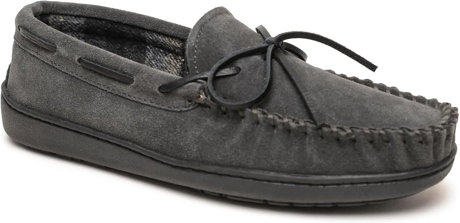 Minnetonka Plaid Lined Hardsole - Moccasin Slippers for Men Made with Suede Upper, Rubber Sole, Plush Interior, Fleece Lining, Rawhide Lace, and Traditional Moccasin Design