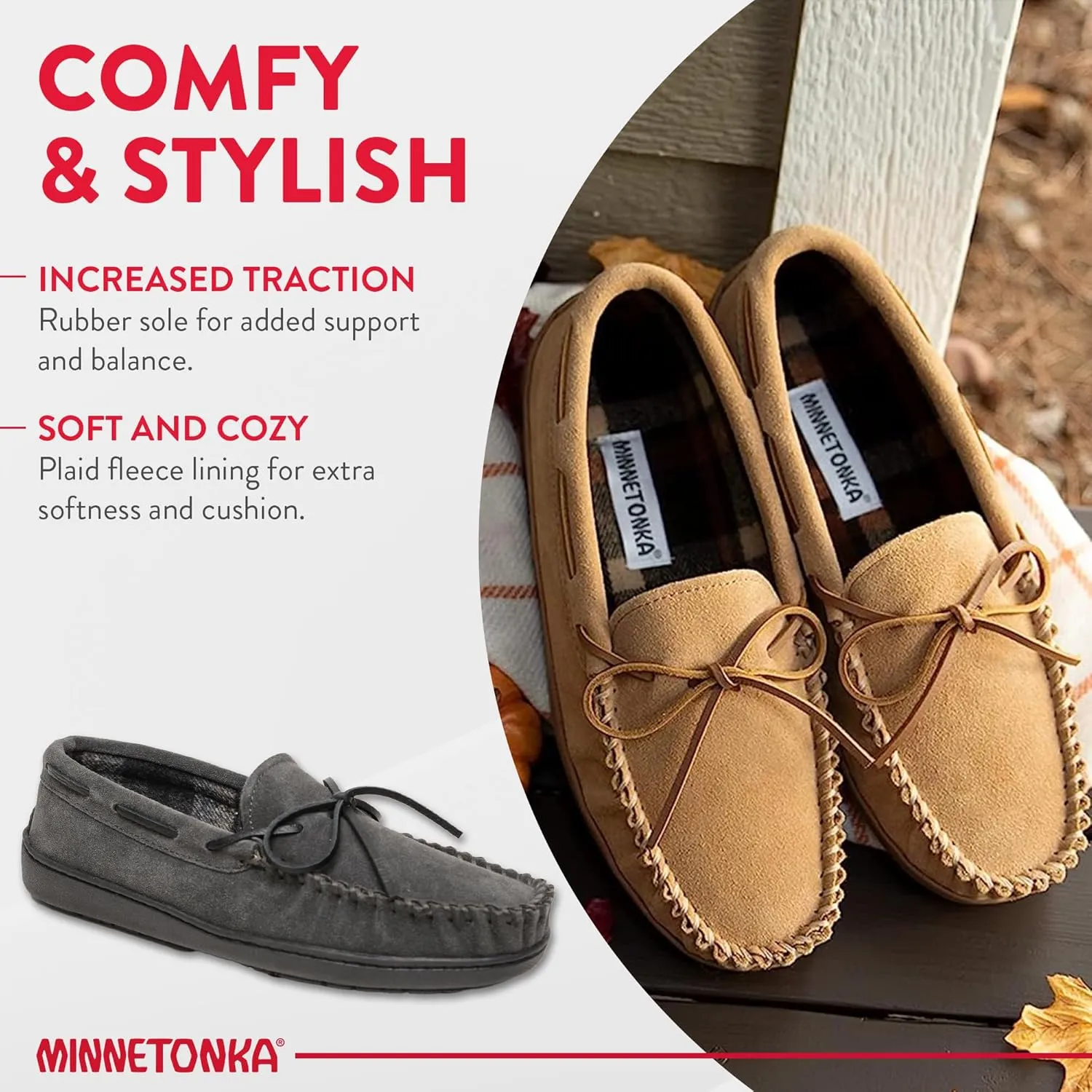 Minnetonka Plaid Lined Hardsole - Moccasin Slippers for Men Made with Suede Upper, Rubber Sole, Plush Interior, Fleece Lining, Rawhide Lace, and Traditional Moccasin Design