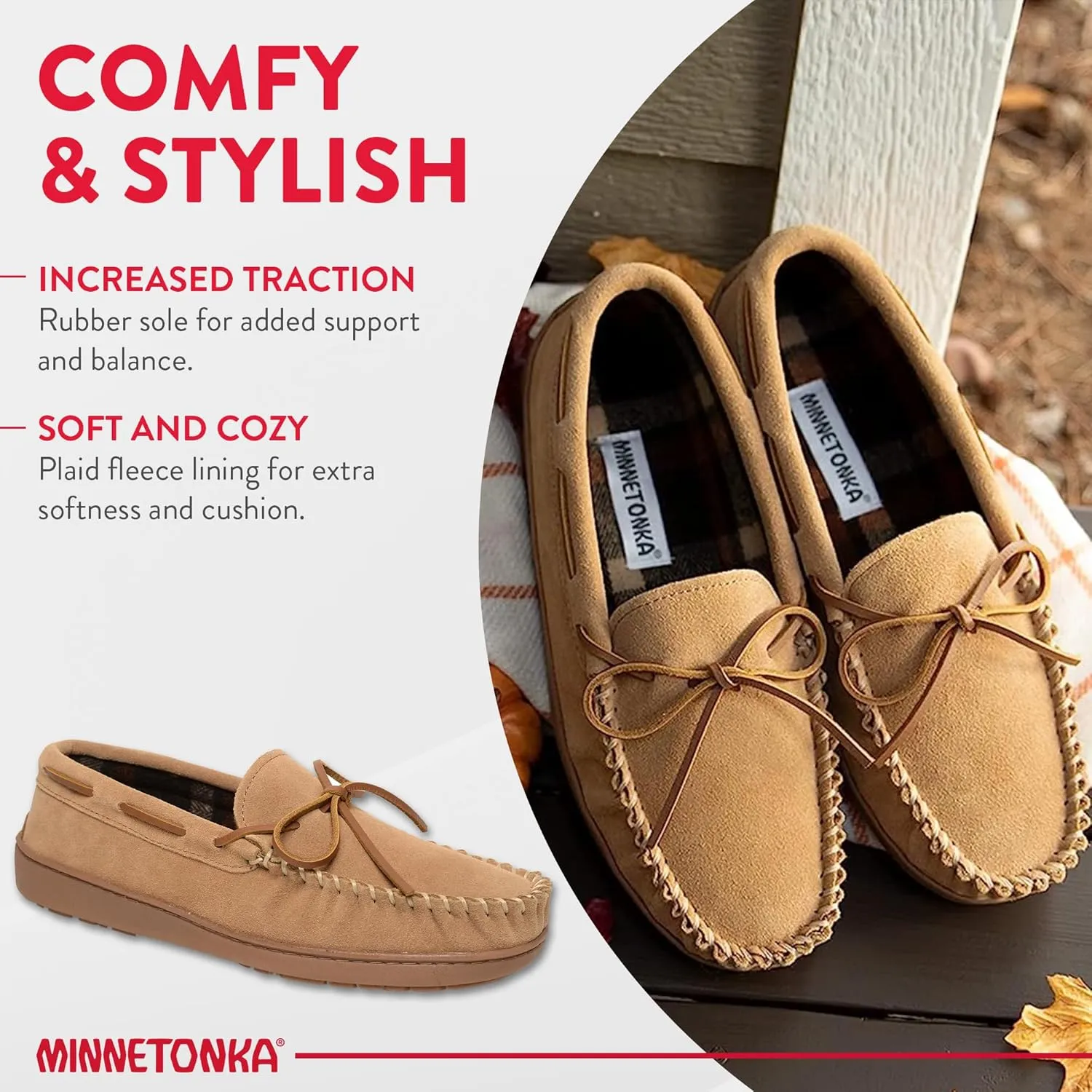 Minnetonka Plaid Lined Hardsole - Moccasin Slippers for Men Made with Suede Upper, Rubber Sole, Plush Interior, Fleece Lining, Rawhide Lace, and Traditional Moccasin Design