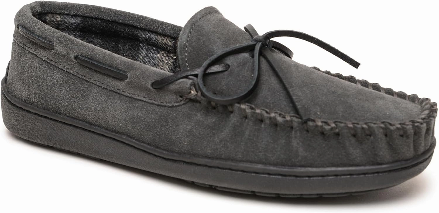 Minnetonka Plaid Lined Hardsole - Moccasin Slippers for Men Made with Suede Upper, Rubber Sole, Plush Interior, Fleece Lining, Rawhide Lace, and Traditional Moccasin Design