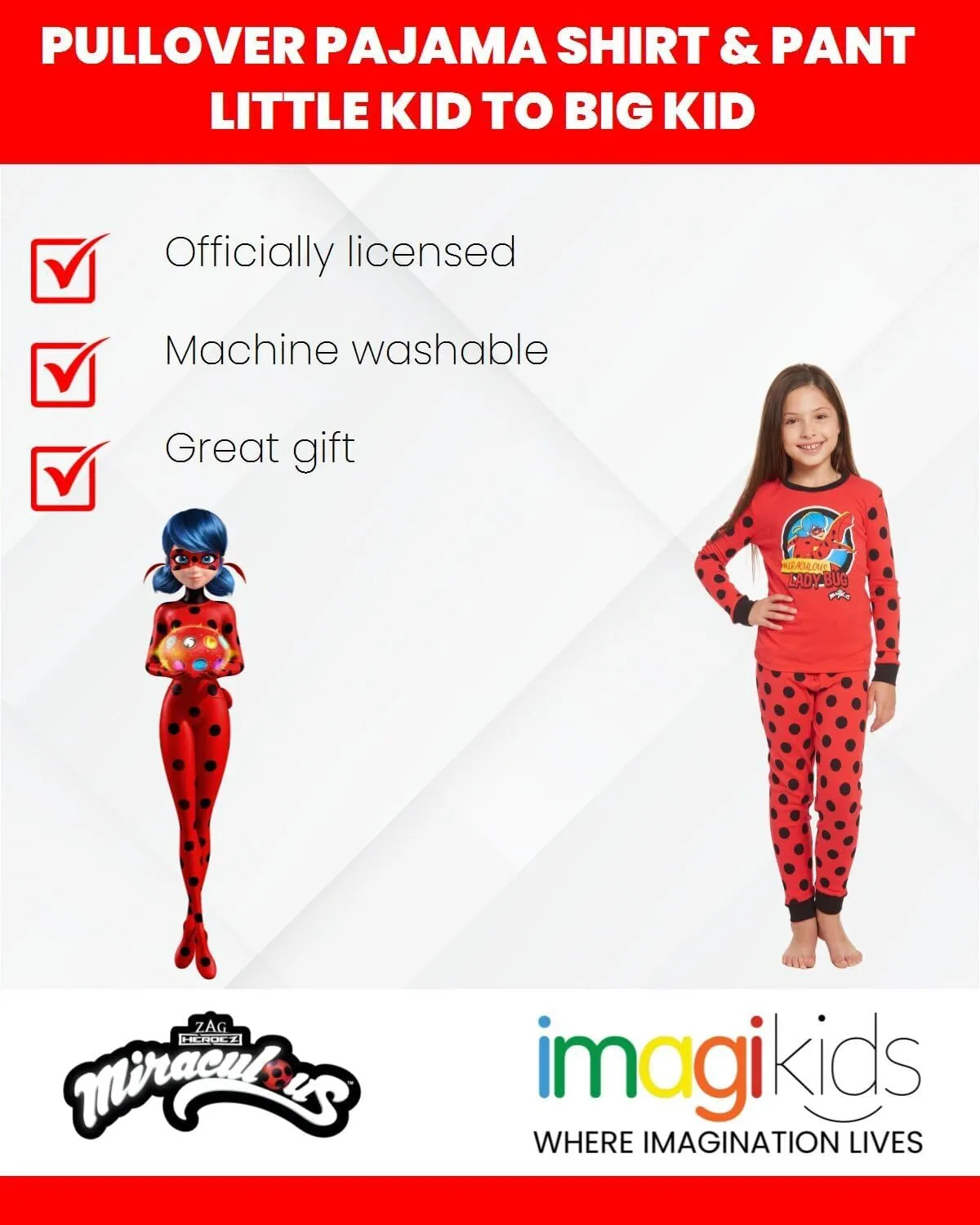 Miraculous Ladybug Girls Pullover Pajama Shirt and Pants Sleep Set Little Kid to Big Kid Sizes (4-5 - 14-16)
