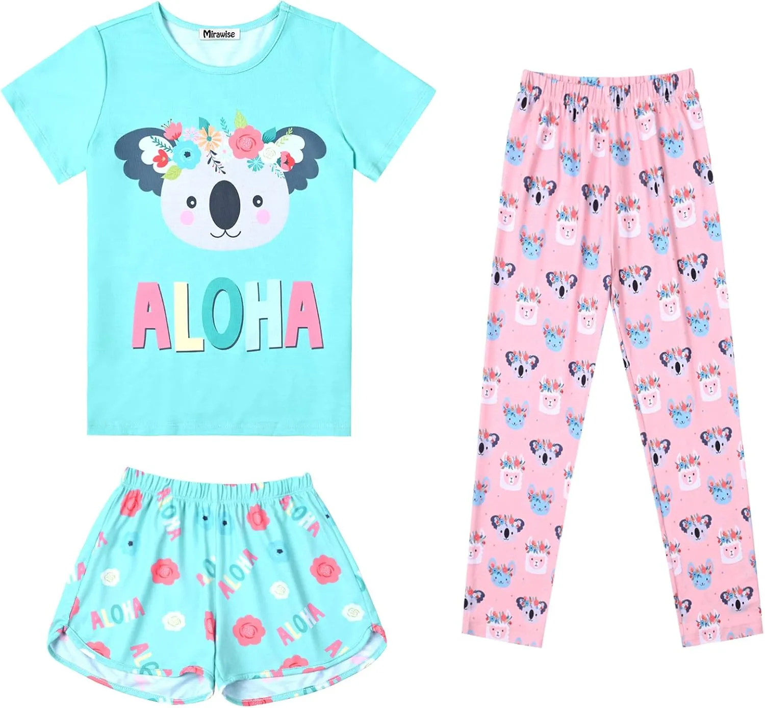 Mirawise Girls 3 Pc Pajamas Sleepwear Cotton Pjs Clothes Set 4-13 Years