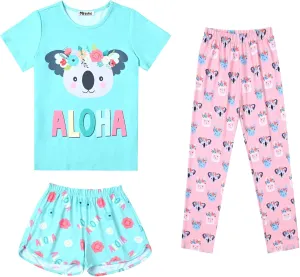 Mirawise Girls 3 Pc Pajamas Sleepwear Cotton Pjs Clothes Set 4-13 Years