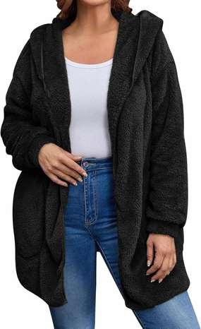 Miyaomn Women's Hooded Cardigans Fuzzy Fleece Oversized Long Jackets Hoodies Winter Warm Open Front Plush Sherpa Coat Outwear