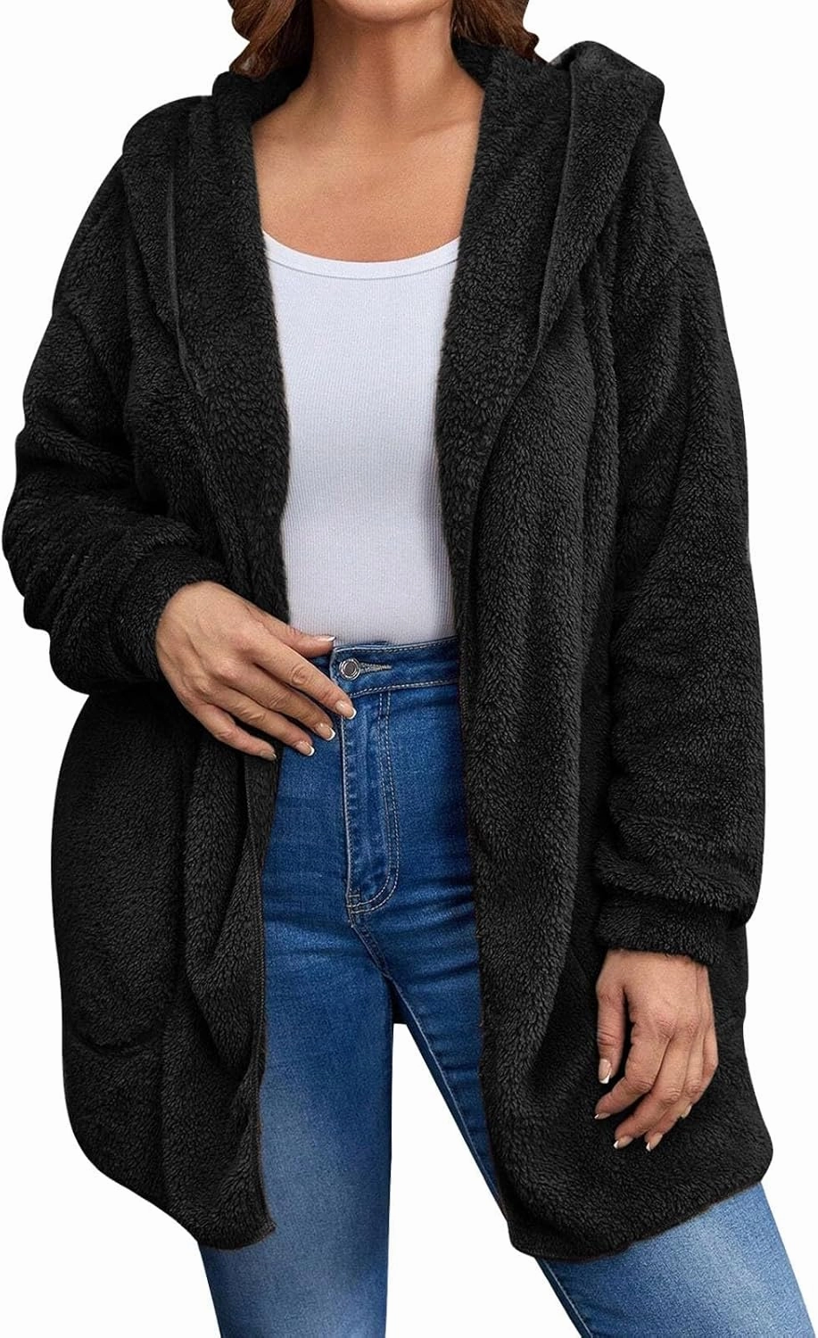 Miyaomn Women's Hooded Cardigans Fuzzy Fleece Oversized Long Jackets Hoodies Winter Warm Open Front Plush Sherpa Coat Outwear