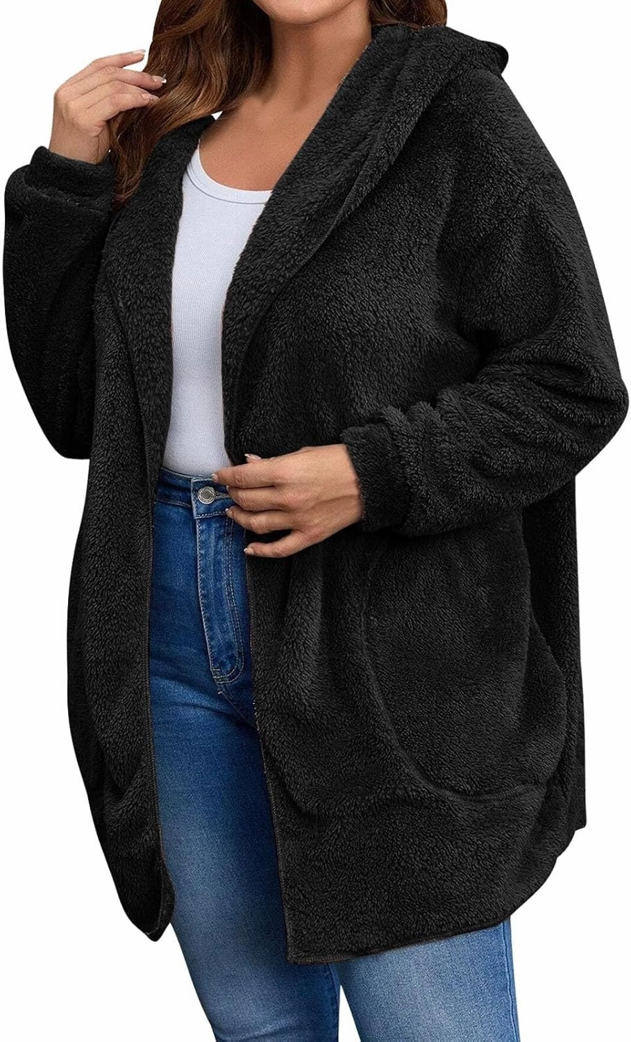 Miyaomn Women's Hooded Cardigans Fuzzy Fleece Oversized Long Jackets Hoodies Winter Warm Open Front Plush Sherpa Coat Outwear