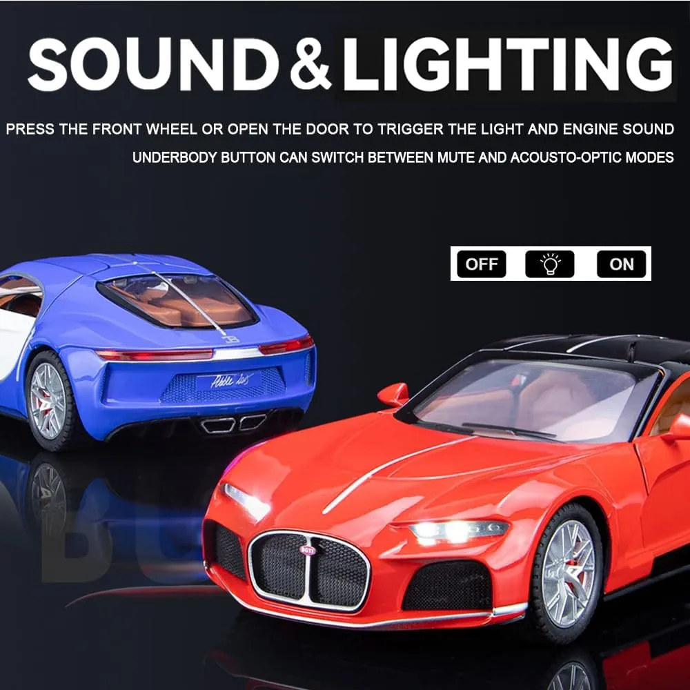 Model Car 1/24 Bugatti Toy Car, Atlantic Alloy Die Cast Cars Model Car for Kids Birthday Christmas Party Gift, Pull Back Toy Cars with Sound and Light (Blue)