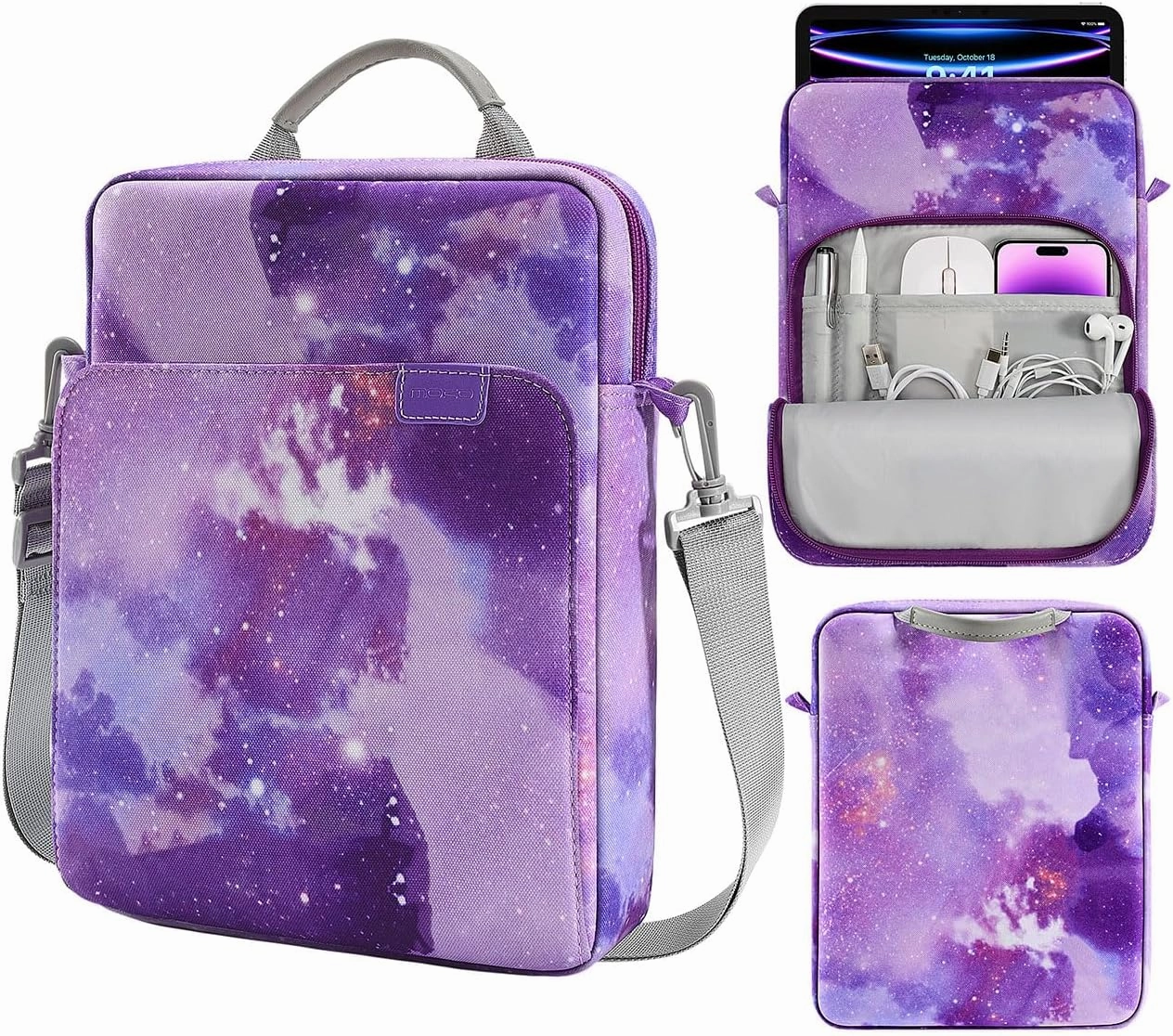 MoKo 9-11 Inch Tablet Sleeve Bag Handle Carrying Case with Shoulder Strap Fits 11inch iPad Air M3, iPad A16 2025, iPadPro 11", iPad109/8/7th Gen 10.2, Air 5/4th 10.9, Tab S8/S9 11",Purple Starry