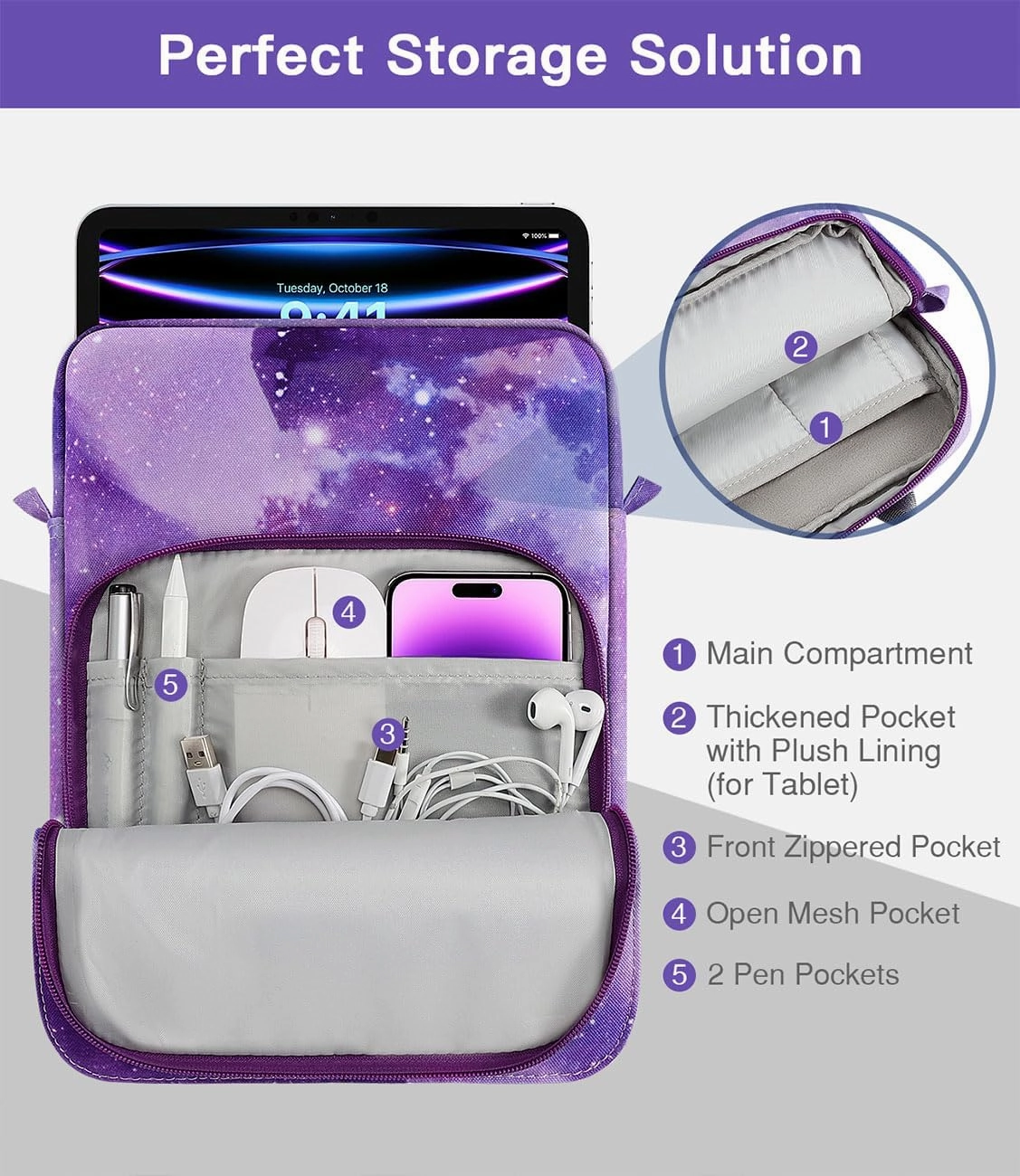 MoKo 9-11 Inch Tablet Sleeve Bag Handle Carrying Case with Shoulder Strap Fits 11inch iPad Air M3, iPad A16 2025, iPadPro 11", iPad109/8/7th Gen 10.2, Air 5/4th 10.9, Tab S8/S9 11",Purple Starry